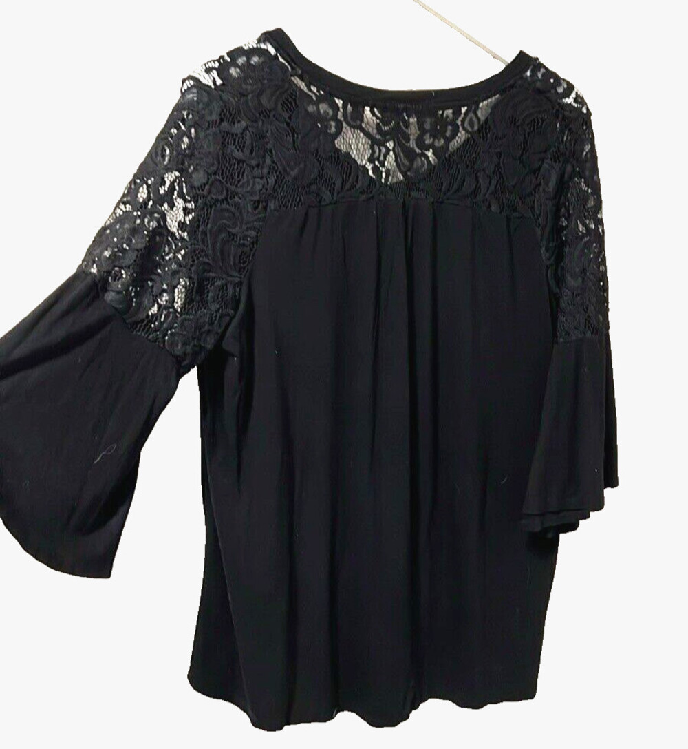 Cyrus | Black Hi-Lo Blouse Bell Lace Sleeve Plus 1X